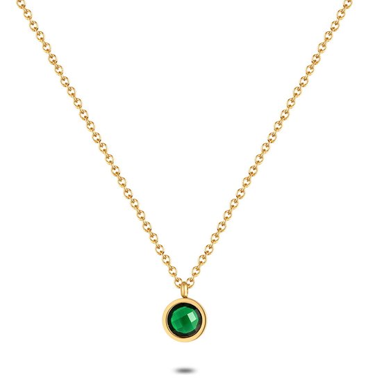 Twice As Nice Halsketting in goudkleurig edelstaal, rond groen kristal 40 cm+5 cm