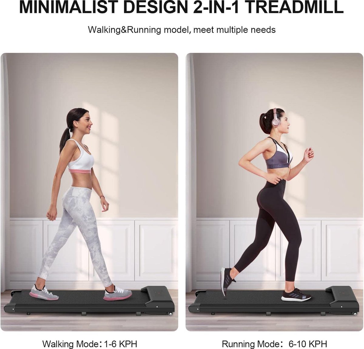 Afbeelding 2 van Draagbare loopband - elektrische loopband - 1-10 km/u instelbare snelheid - met LED-scherm en transportwielen - zwart