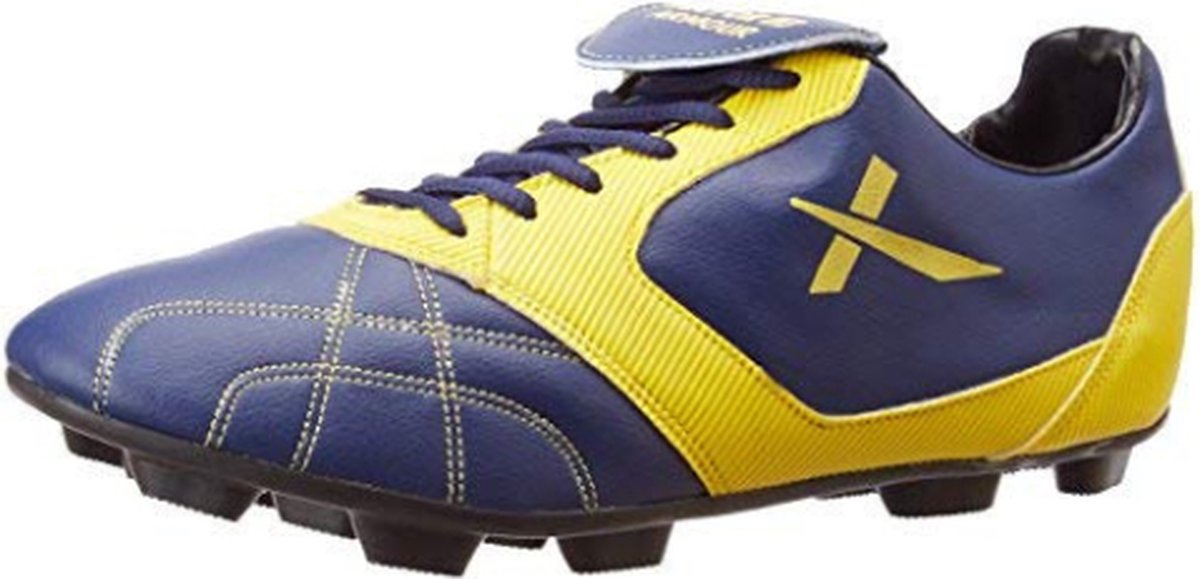 VectorX_Armour voetbalschoenen voor heren (blauw/geel, maat EU 45/UK 11/US 12) Materiaal: EVA, kunstleer | Verbeterde stabiliteit | Ondersteunend voor balcontrole | Veilige bevestiging | Gedempt interieur | Buitenzoolgrip | PVC-zool