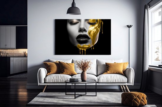 Canvas Schilderij Vrouw - Wanddecoratie - Vrouw met Gouden Verf - 90x60x2 cm