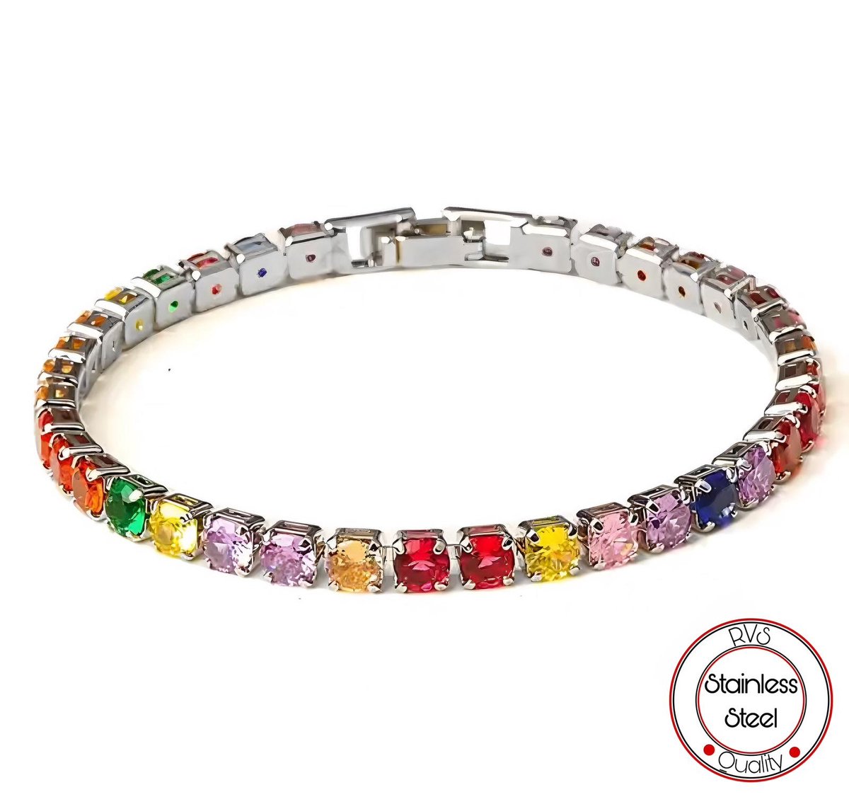 Tennis Armband | Regenboog kleuren Verguld | Zirkonia stenen 4 MM | Lengte 17 CM | Tennis Bracelet | Sieraden