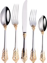 20-delige roestvrijstalen messenset, decoratieve goudplating, vorken en lepels, tafelgerei voor 4 personen.