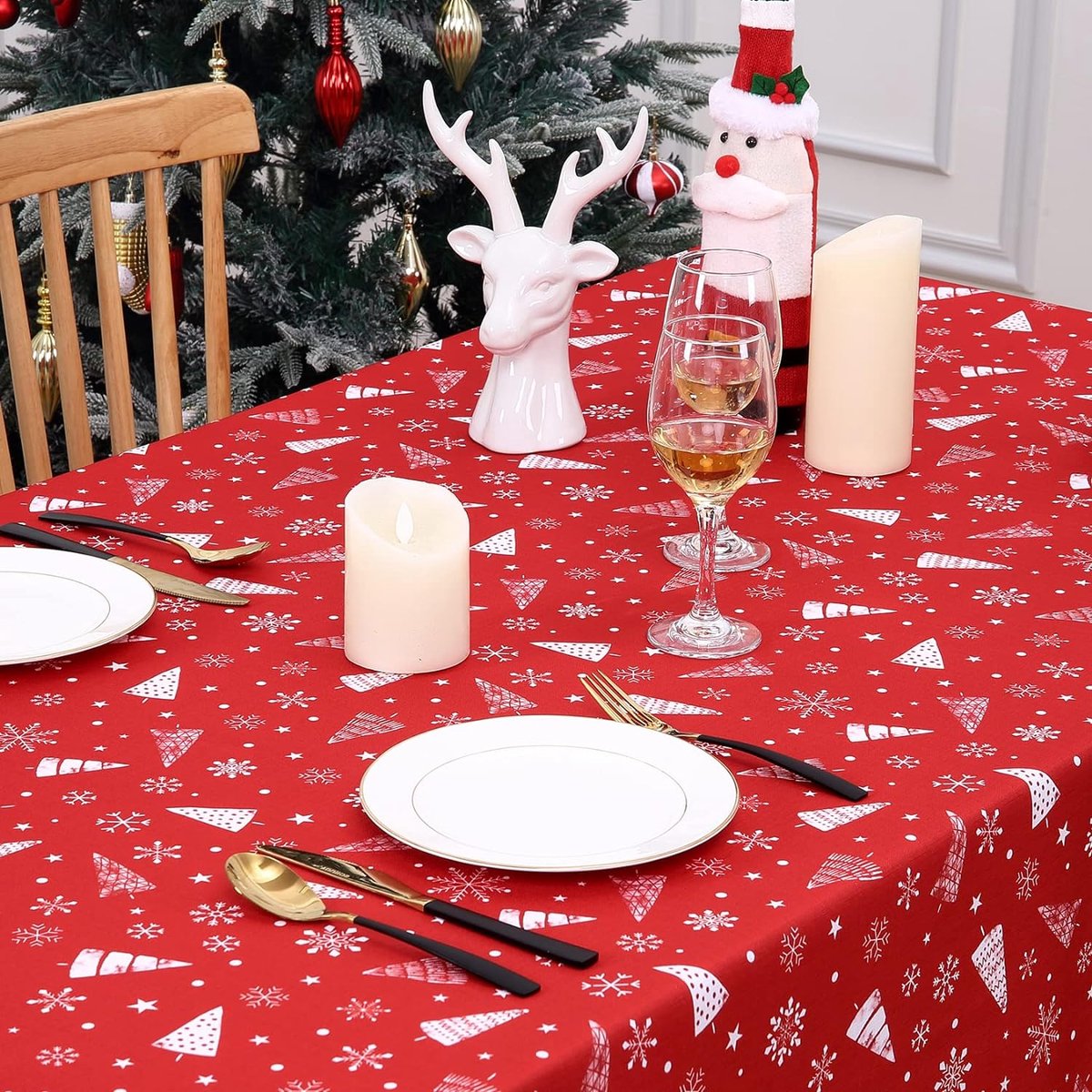 Rood tafelkleed kerst veeg schoon tafelkleed boom sneeuwvlok decoratieve stof tafelkleed voor Xams Party Winter Home Decor, 54x70 inch