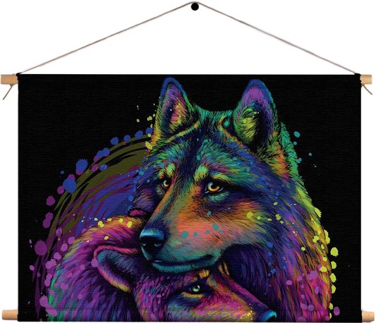 Textielposter Colored Wolves Rechthoek Horizontaal L (43 X 60 CM) - Wandkleed - Wanddoek - Wanddecoratie