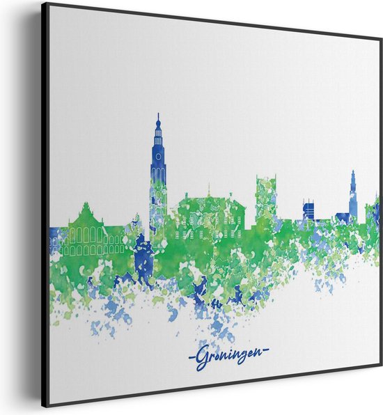 Akoestisch Schilderij Skyline Groningen Watercolor Paint Vierkant Basic L (80 X 80 CM) - Akoestisch paneel - Akoestische Panelen - Akoestische wanddecoratie - Akoestisch wandpaneel