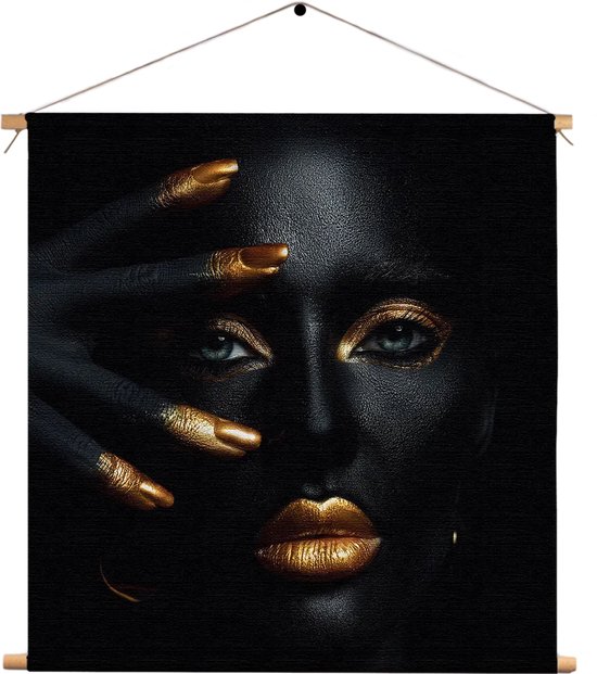 Textielposter Black Whoman With Gold Orange Vierkant XL (60 X 60 CM) - Wandkleed - Wanddoek - Wanddecoratie