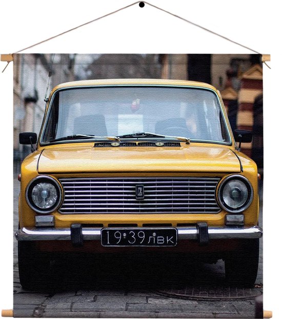 Textielposter Old School Gele Taxi 01 Vierkant L (45 X 45 CM) - Wandkleed - Wanddoek - Wanddecoratie