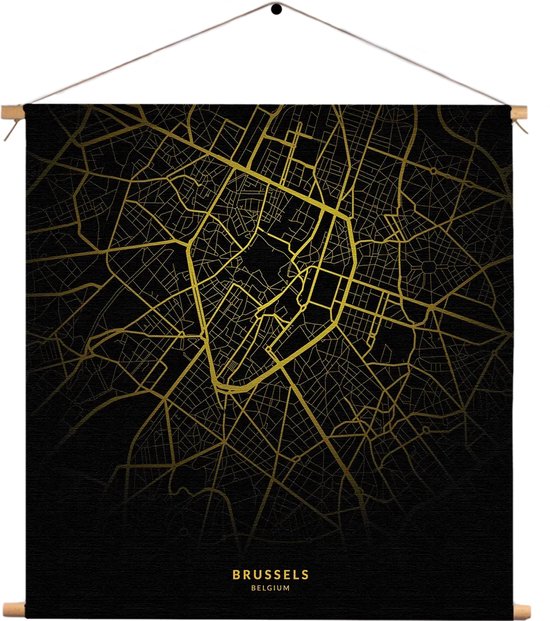 Textielposter Brussels Plattegrond Zwart Geel Vierkant XL (60 X 60 CM) - Wandkleed - Wanddoek - Wanddecoratie
