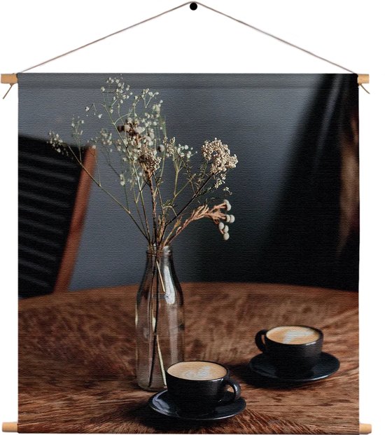 Textielposter Bakje Koffie Vierkant XL (60 X 60 CM) - Wandkleed - Wanddoek - Wanddecoratie