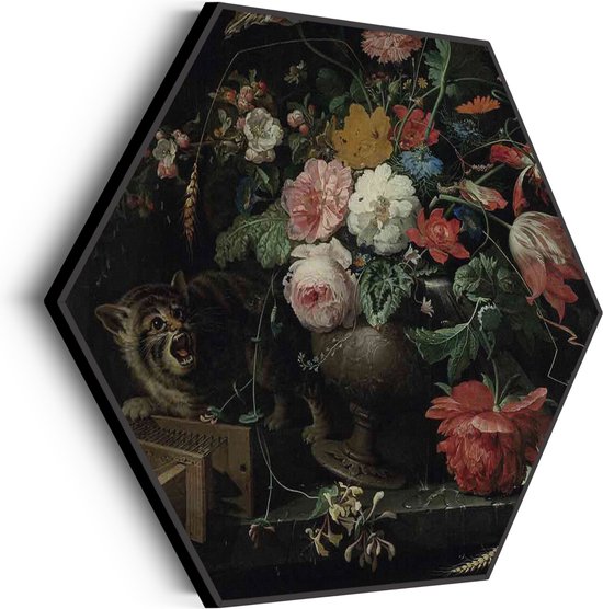 Akoestisch Schilderij Abraham Mignon De omvergeworpen ruiker 1660-1679 Hexagon Basic M (60 X 52 CM) - Akoestisch paneel - Akoestische Panelen - Akoestische wanddecoratie - Akoestisch wandpaneel