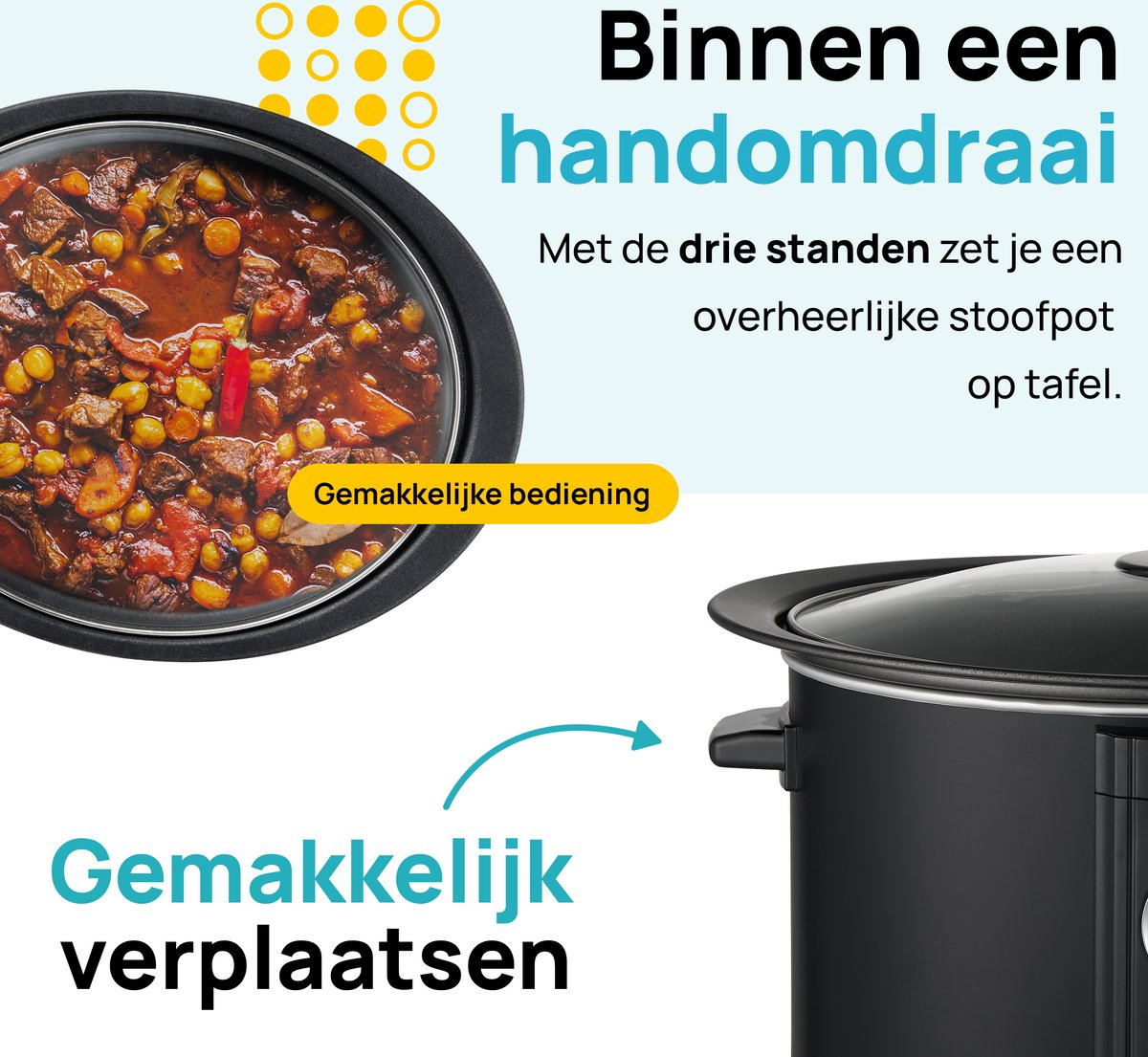 Afbeelding 3 van MOA Slowcooker met Timer - 6,5L - Ø 24,5cm - Aluminium Binnenpan - Doorzichtige Deksel - 3 Warmtestanden - Vaatwasserbestendig - BPA-Vrij - Zwart