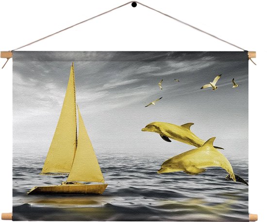 Textielposter Het gele bootje Rechthoek Horizontaal XL (75 X 90 CM) - Wandkleed - Wanddoek - Wanddecoratie