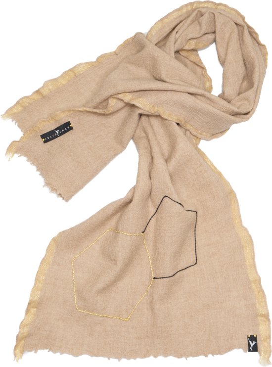 YELIZ YAKAR - Handmade - Luxe dames wol sjaal met hand gestikte goud en zwart draden “Sadachbia”- beige kleur - feestelijke sjaal - designer kleding- kerst sjaal- luxecadeau - kerstcadeau