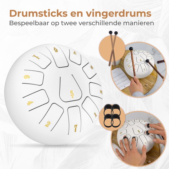 Nuvance - Handpan - Incl. Lesboek, Vingerdrums en Opbergtas - Tongue Drum - Handpan Drum - Steel Tongue Drum - Wit - Nuvance
