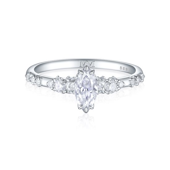 Elegante - 14k Witgouden Marquise Moissanite Ring met Vintage Geïnspireerde Minimalistische Zijstenen - 1 karaat