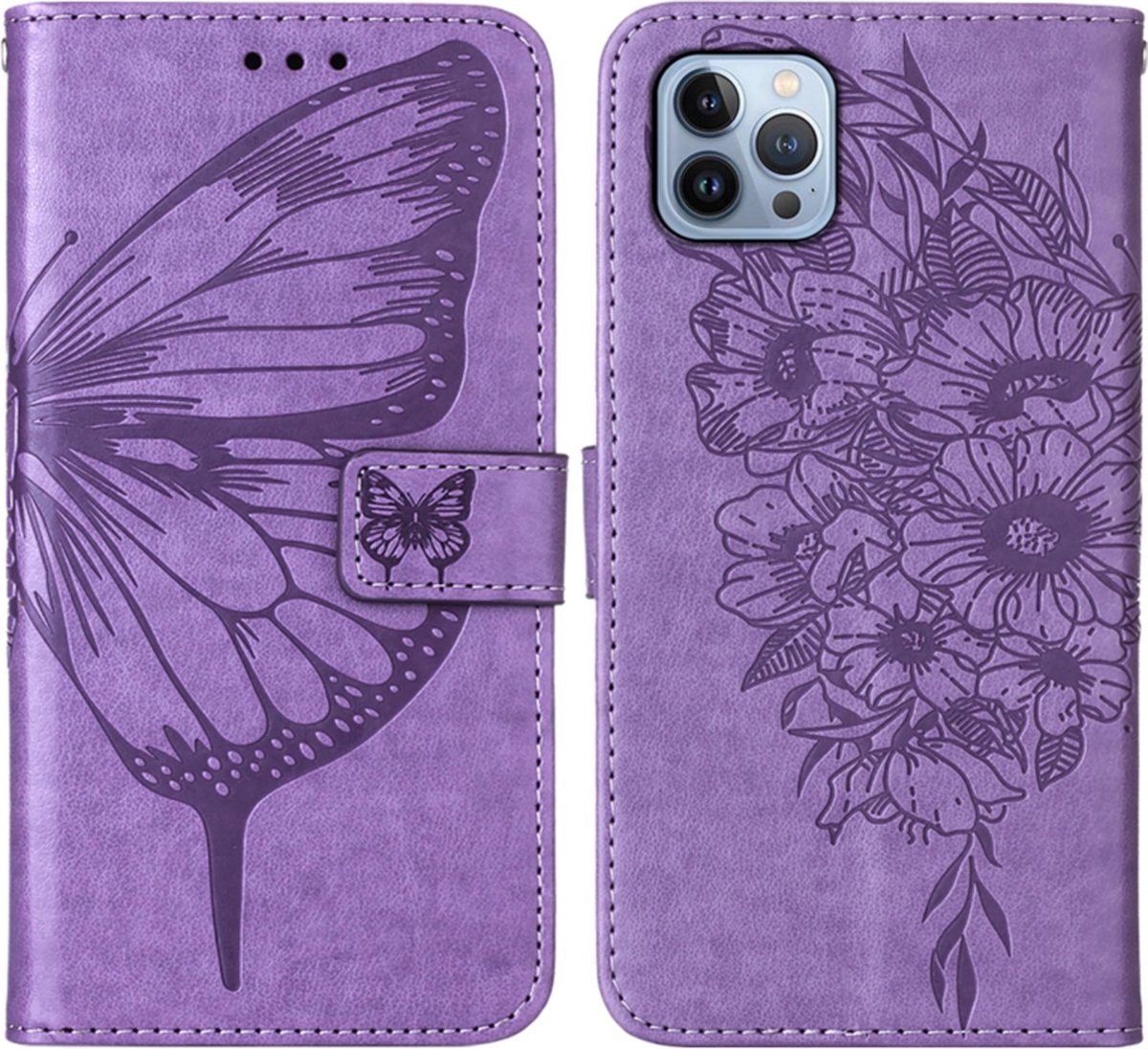 PU BookCover Hoes Etui geschikt voor iPhone 15 Paars Vlinder - Bloem Motief