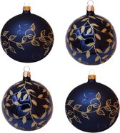 Feestelijk, Blauwe, Kerstballen met Gouden Blaadjes Design en Bevroren Blaadjes Patroon - Doosje van vier kerstballen van 8 cm