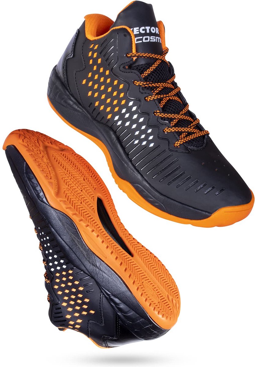 VectorX Cosmic basketbalschoen voor heren en jongens (zwart/oranje, maat: EU 44, UK 10, US 11) | Materiaal: synthetisch leer, rubber | Vetersluiting