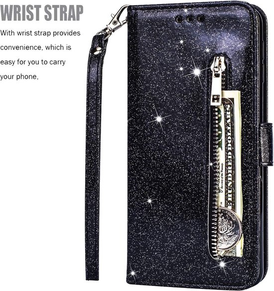 Portemonne hoesje Geschikt voor: Samsung Galaxy S20 - bling glitter Bookcase met ritsvak en kaarthoudersleuf - beschermhoesje - zwart