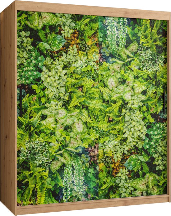 Zweefdeurkast Kledingkast met 2 schuifdeuren Garderobekast slaapkamerkast Kledingstang met planken (LxHxP): 150x200x62 cm - BRAUM I (Artisan met varen patroon / plantenpatroon, 150)