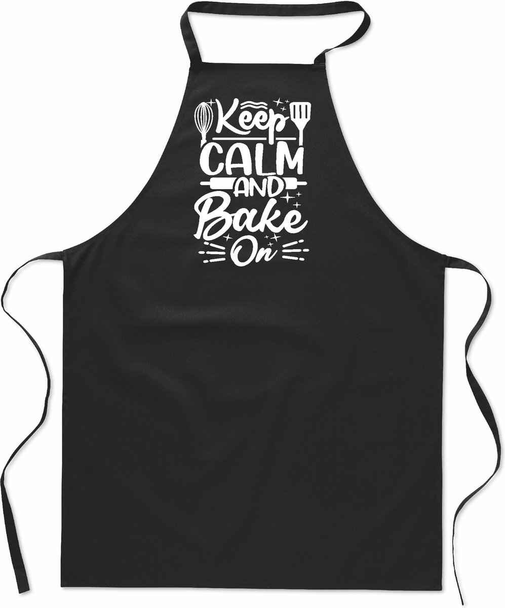 Tekstschort - Keukenschort - kookschort - Keep Calm and bake on - 100% katoen - verjaardag en feest - cadeau - kado - unisex - zwart