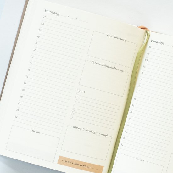 Gedetailleerd overzicht van de dagplanner met tijdsblokken, to-do lijst en notities.