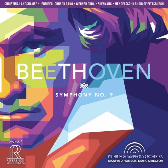 Beethoven Symfonie nr. 9, met portret van Beethoven in veelkleurige, geometrische stijl.