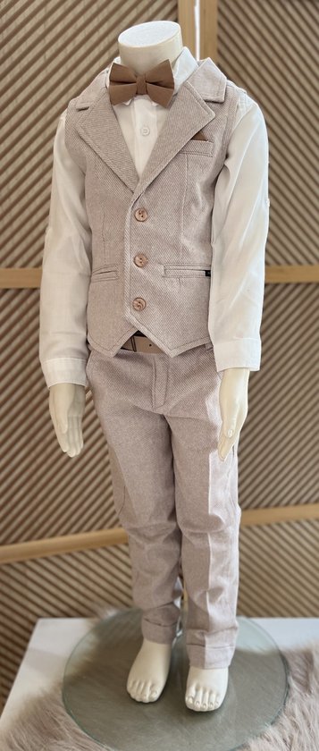 luxe jongens kostuum-kinderpak- kinderkostuum-3 delige set -crème witte hemd, beige vest en broek, camel vlinderstrik-bruidsjonkers-bruiloft-feest-verjaardag-fotoshoot- 1 jaar