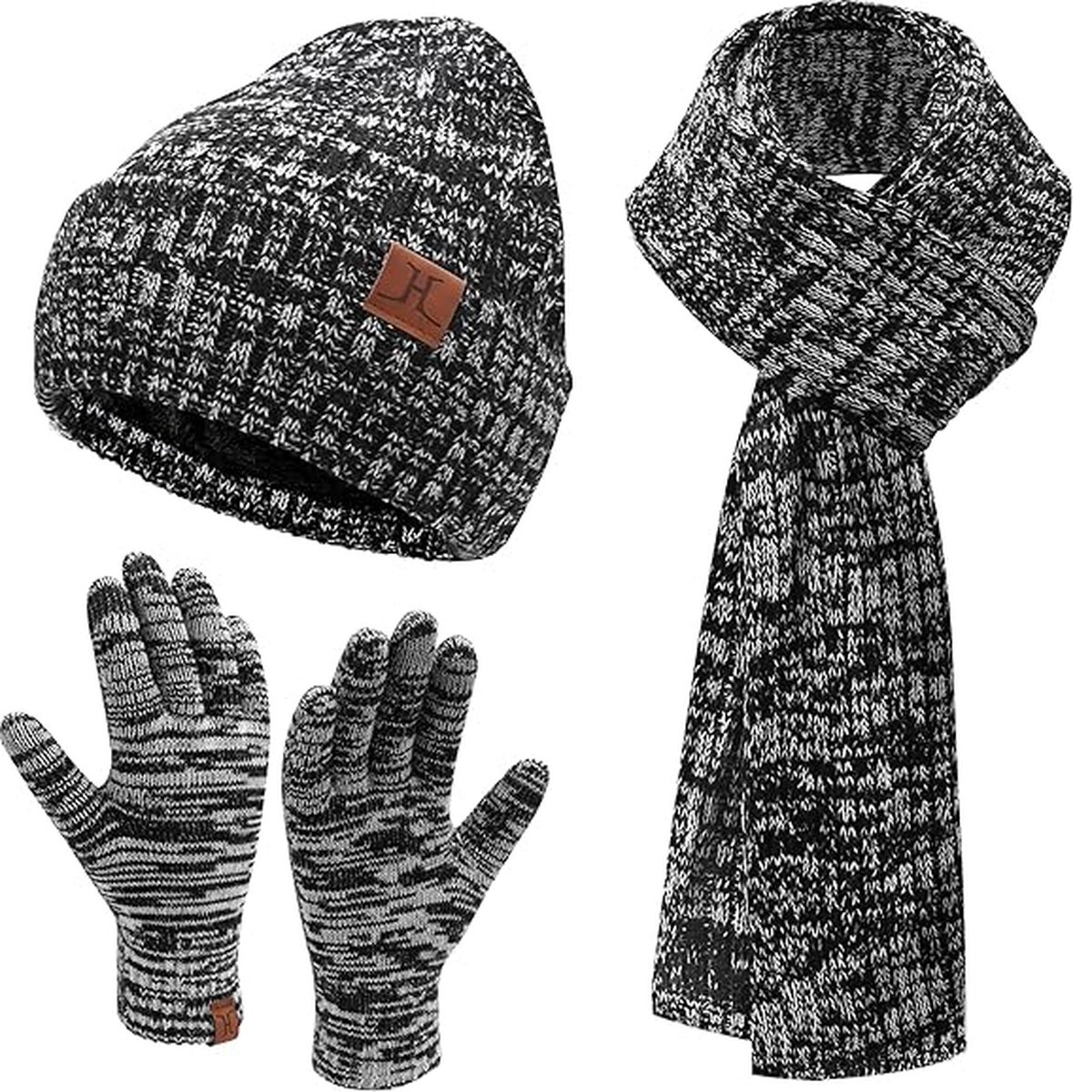 Warme winterset - Zwart - Beanie, lange sjaal, touchscreen handschoenen - Fleece gevoerde muts volwassenen - Black Friday 2023 - Kerstcadeau