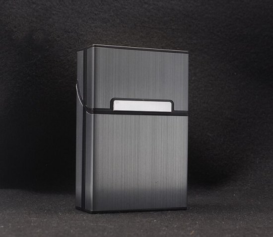 Donkergrijs metalen sigarettendoosje met zilverkleurige accenten.