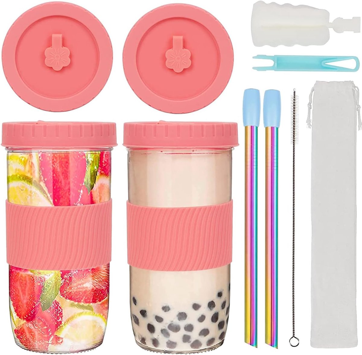 Goedkoopste ZgoEC 24 oz Bubble Tea Beker met Rietje en Deksel, Verpakking van 2 Drinkglazen met Deksel en Rietje, Bubble Tea Glazen, Glazen Beker met Rietje, Smoothie Beker, Tumbler Beker voor Boba Koffie Smoothie.