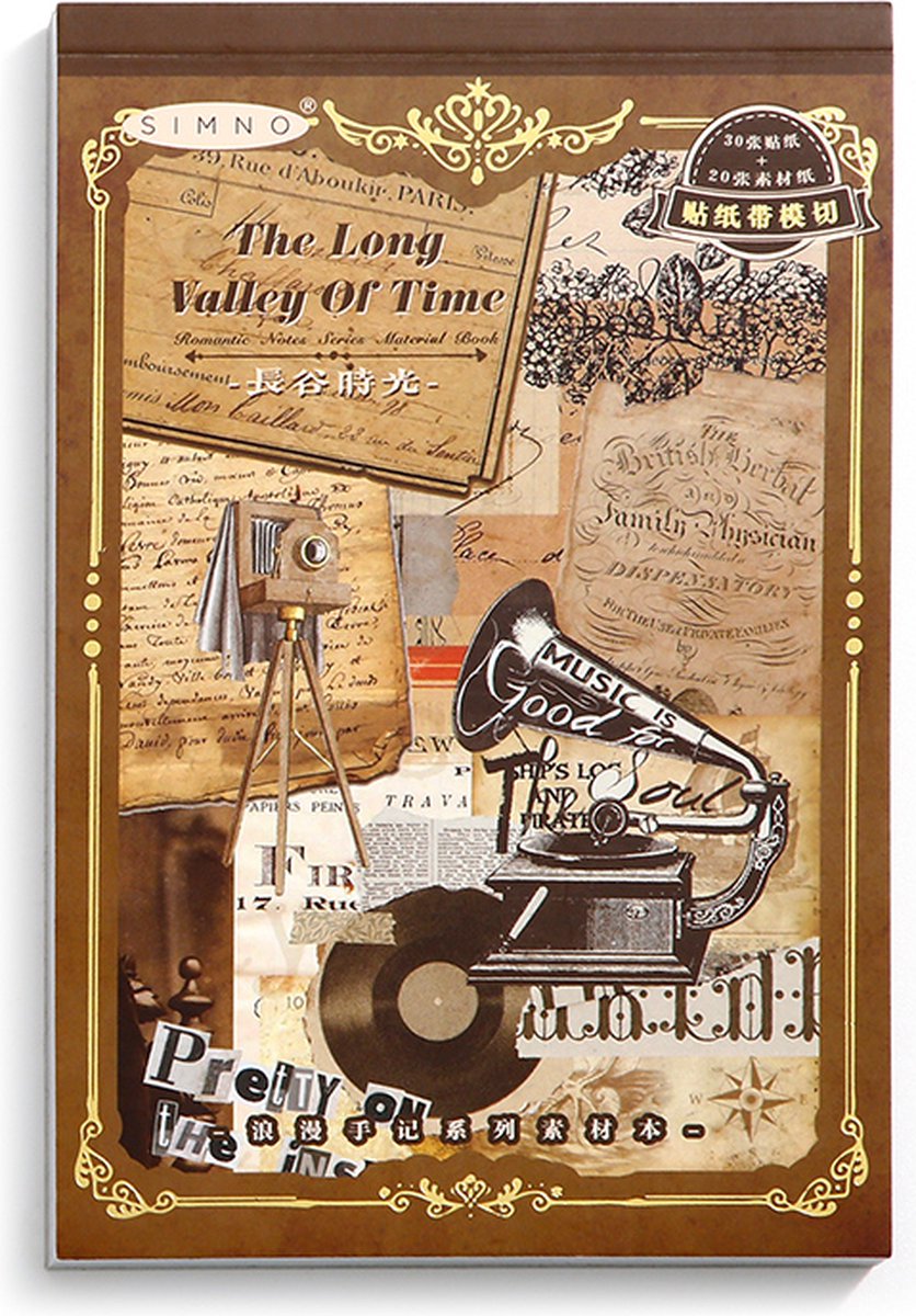Simno® Volume Sticker- en Papierset - 50 vellen - Mega set met heel veel stickers en papier voor o.a. bulletjounal, scrapbooking en het maken van kaarten - The Long Valley Of Time