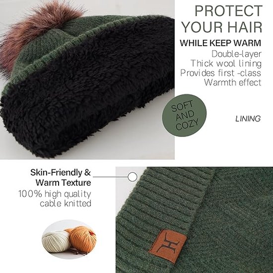 Bequemer Laden Warme wintermuts voor dames, beanie, touchscreen-handschoenen, sjaal, set met fleece gevoerd, vlechtpatroon, gebreide wintermuts met pompon, lange wintersjaal, winterhandschoenen, Kaki