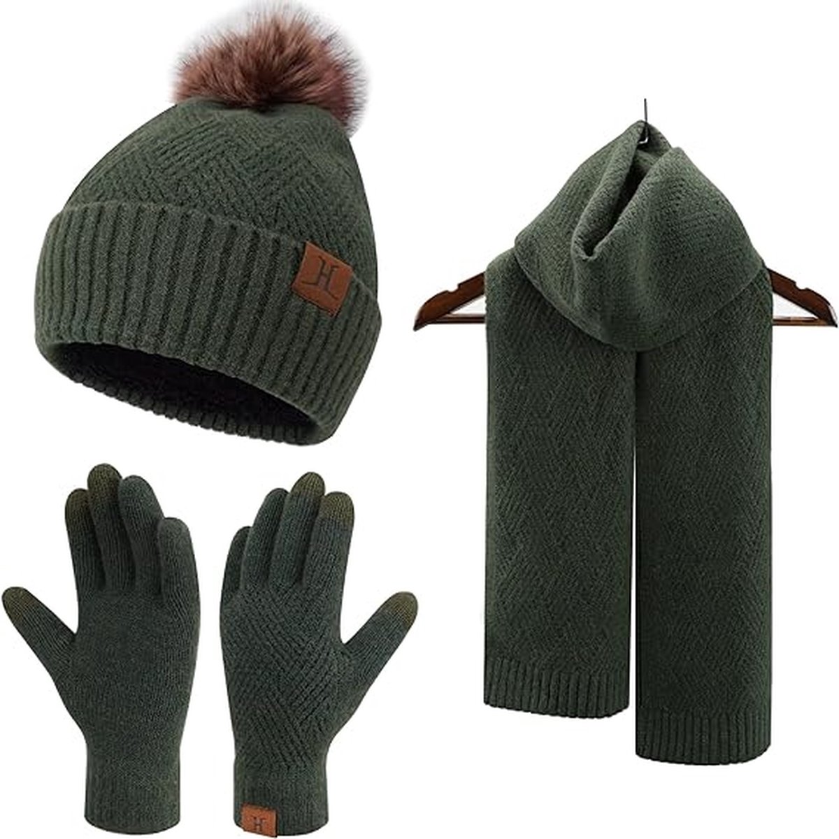 Warme winterset - Legergroen - Beanie met pom pom, lange sjaal, touchscreen handschoenen - Fleece gevoerde muts volwassenen - Black Friday 2023 - Kerstcadeau