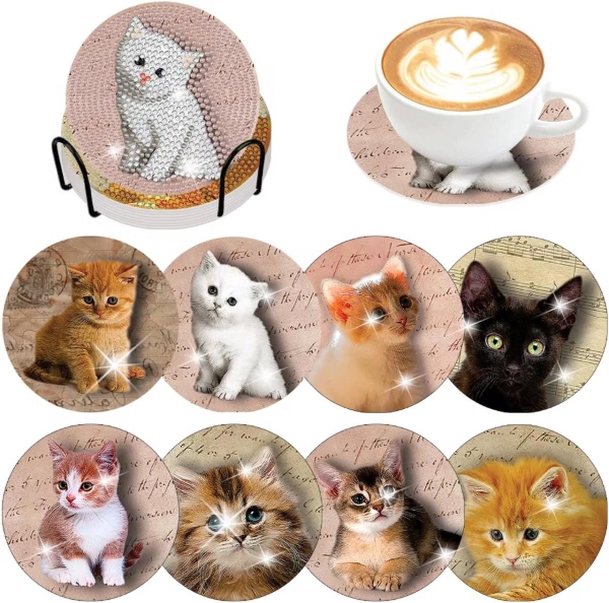 Diamond Painting Onderzetters - Katten/Poezen - Ronde steentjes - Compleet Hobbypakket