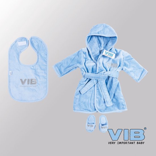 VIB® - Giftset Luxe Katoen - VIB slabbetje, badjas en slippers (Blauw) - Babykleertjes - Baby cadeau