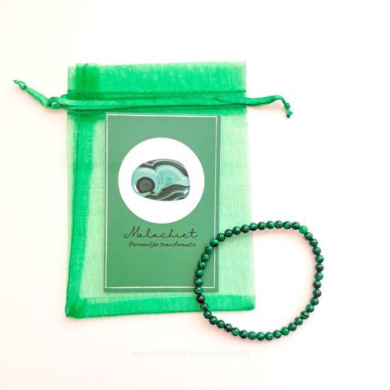 Edelsteen armband in zakje ''malachiet'' persoonlijke transformatie, 4mm kralen, elastisch, cadeautje