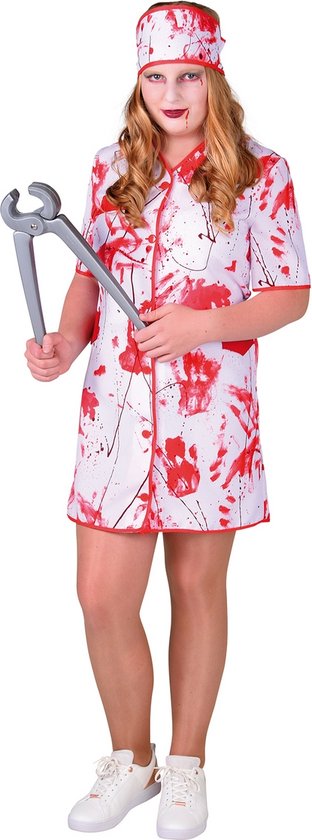 Magic By Freddy's - Halloween Kostuum - Niet Al Te Zachtzinnige Ziekenhuis Verpleegster - Meisje - Rood, Wit / Beige - Maat 128 - Halloween - Verkleedkleding
