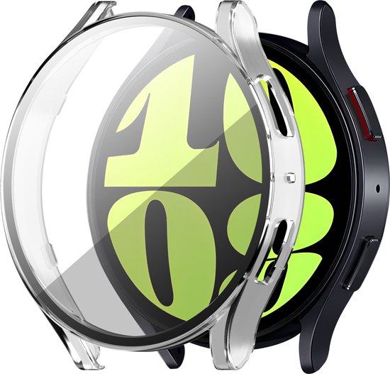 Zilverkleurige transparante beschermhoes voor een smartwatch met lichtgroene wijzerplaat.