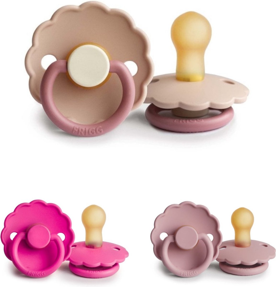 Goedkoopste Frigg Daisy Fopspeen set 3 stuks Fuchsia,Baby Pink en Bloom Peony 6-18 maand maat 2