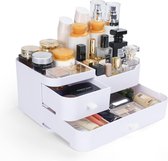 Opbergorganizer voor make-up-cosmetica met lade, make-uptafel-organizer voor huidverzorging, kwasten, oogschaduw, lotions, lippenstift, nagellak en sieraden op het bureau.