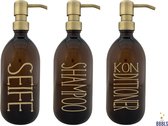 Set van 3 Hervulbare Zeepdispensers: Bruine Plastic flessen (500 ml) met Gouden Pomp en Gouden Tekst Shampoo Konditioner Seife