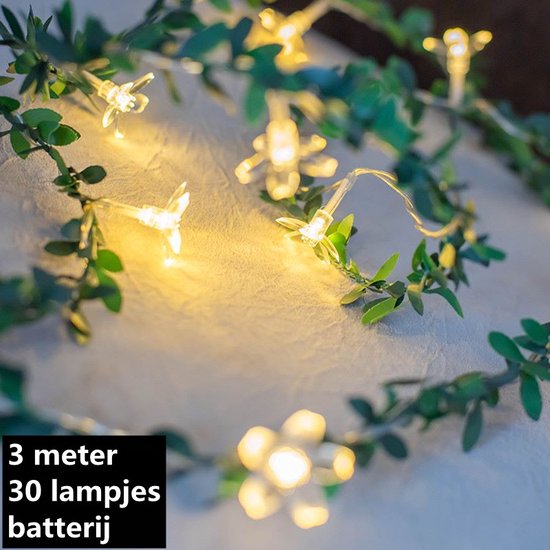 LED lichtsnoer kersenbloesem +groen rotan 3 meter30 lampjes-werkt op batterij