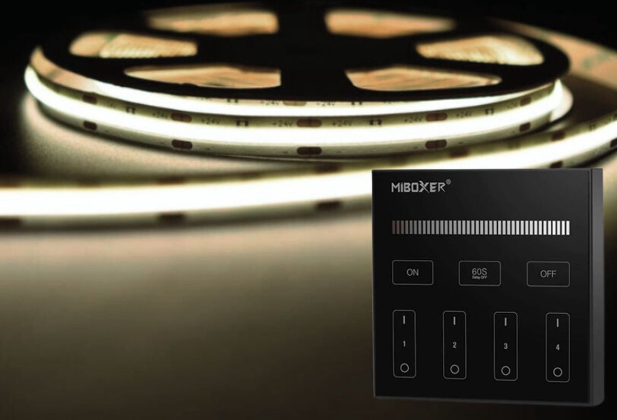 LED Strip COB - 10 Meter - Complete Set - 4000k - Neutraal Wit - 24V - 480LED/m - Met Draadloze Mi-Light(MiBoxer) Touch Wandbediening(Zwart)