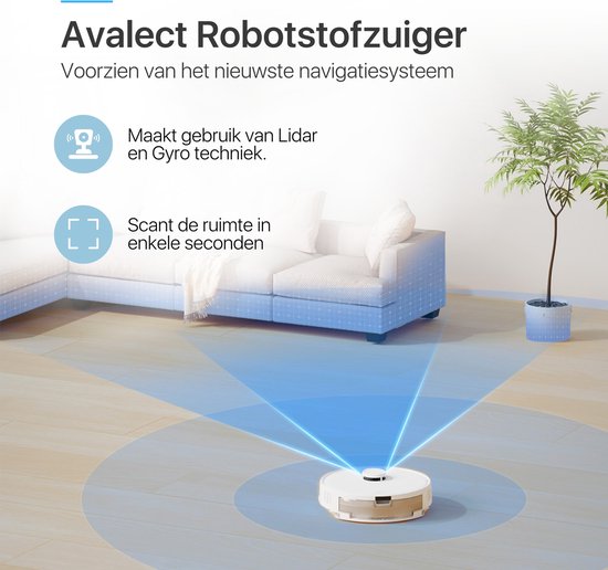 Avalect CleanSmart - Robotstofzuiger met dweilfunctie - Met laadstation - dweilrobot - Ideaal voor huisdieren - Lidar Laser - val & object detectie - Vloerdetectie - Met App - Wit