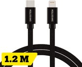 Swissten Lightning naar USB-C Kabel - 1.2M - Gevlochten kabel voor iPhone 7/8/X/11/12/13/14 - Zwart
