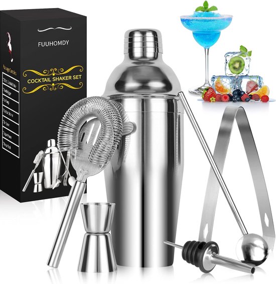 Relaxdays cocktail set 5-delig, rvs, 500 ml shaker, baraccessoires voor de huisbar, ijstang & barmaatje, goud