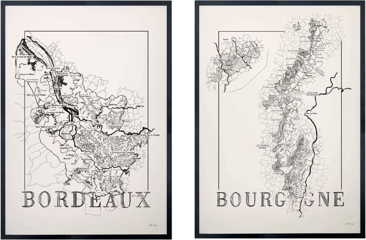 Brushery Poster set - Bourgogne & Bordeaux - 50 x 70 cm - wijnliefhebber - landkaart zwart