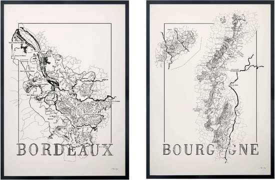 Poster set - Bourgogne & Bordeaux - 50 x 70 cm - wijnliefhebber - landkaart