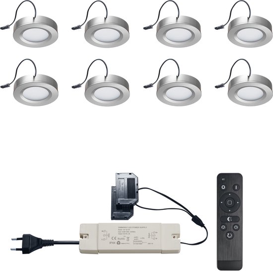 Ledisons Adria - 8 zilveren LED-opbouwspots met afstandsbediening - dimbaar - 3 jaar garantie - 2700K (extra warm-wit) - 200 Lumen 3W - IP44
